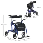 Blue Aluminium 2-in-1 Wheelchair & Folding Rollator Walker Combo, 59x104x101cm - Image 4