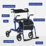 Blue Aluminium 2-in-1 Wheelchair & Folding Rollator Walker Combo, 59x104x101cm - Image 3